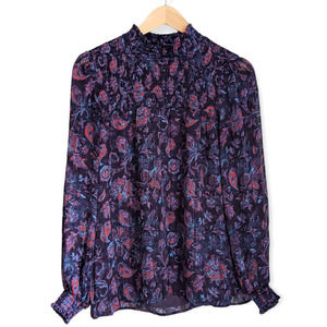 Joie Womens Blouse Purple Paisley Long Bishop Sleeve Mock Neck Smocked Medium